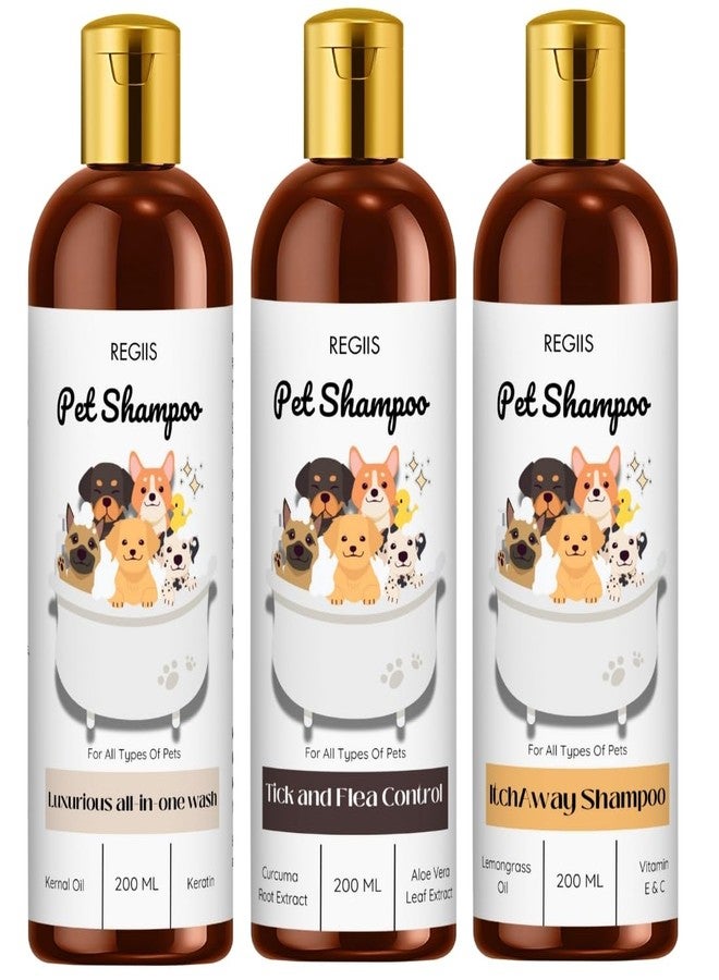 REGIIS Pet Shampoo Set, 3-Pack Dog Shampoo, Luxurious All-in-One Wash, Tick and Flea Control, Itchaway Formula, 200ml Bottles - Image 1